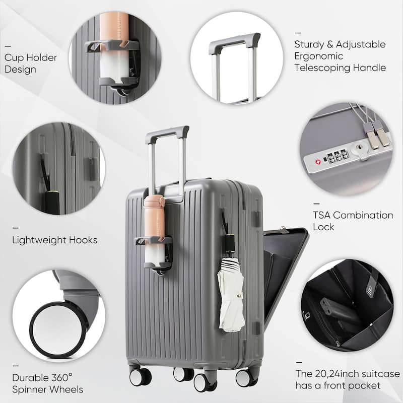 Luggage Set of 3, 20, 24, 28inch with USB Port, 20, 24inch with front opening design Airline Certified Carry on Luggage