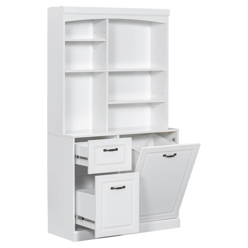 Modern Bathroom Cabinet, Freestanding Linen Tower with Slanted Storage Basket 2 Drawers and Adjustable Shelves, for Bathroom