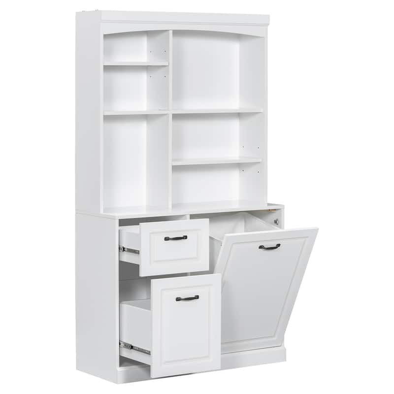 Roomfitters Bathroom Cabinet with Tilt-Out Hamper Adjustable Shelves Drawers and Tall Freestanding MDF Tower, White
