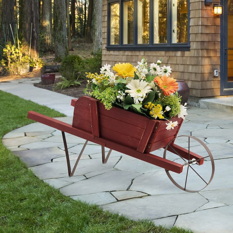 Costway Wooden Wagon Planter Decorative Indoor/Outdoor Rustic Flower - See Details - Red