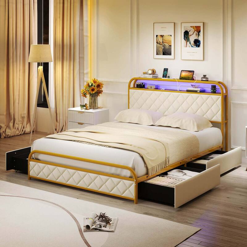 Costway Twin/Full/Queen Size Bed Frame with LED Lights & Charging - Full