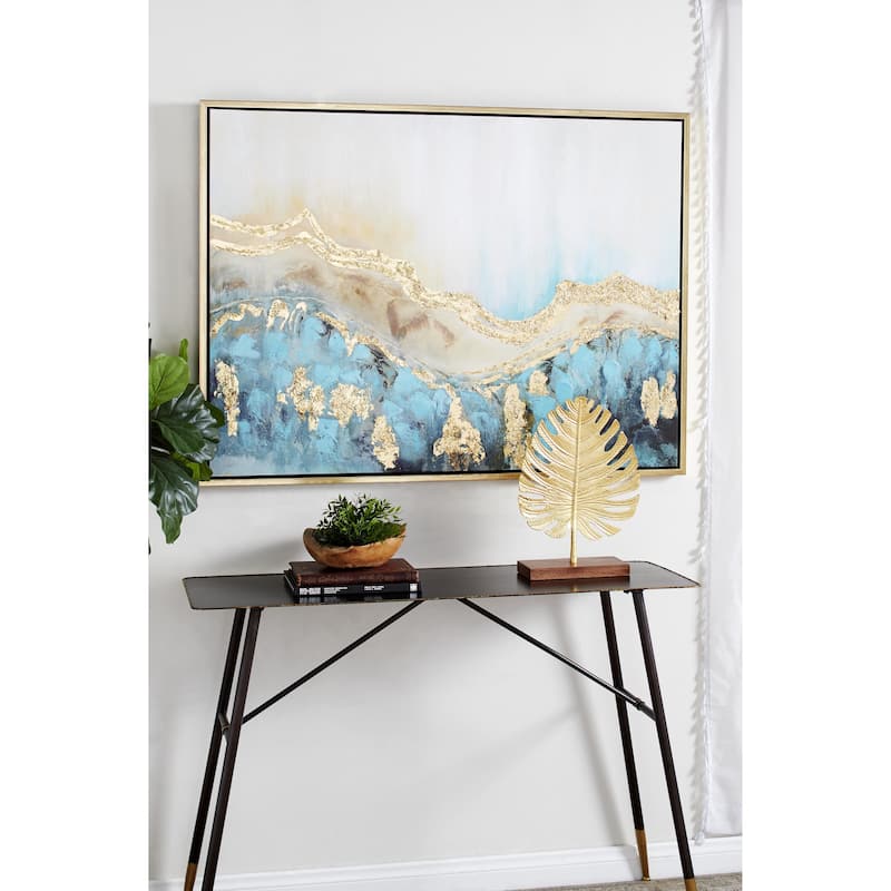 Canvas Abstract Wave Framed Wall Art with Gold Foil Accents - Blue - Roche River Decor