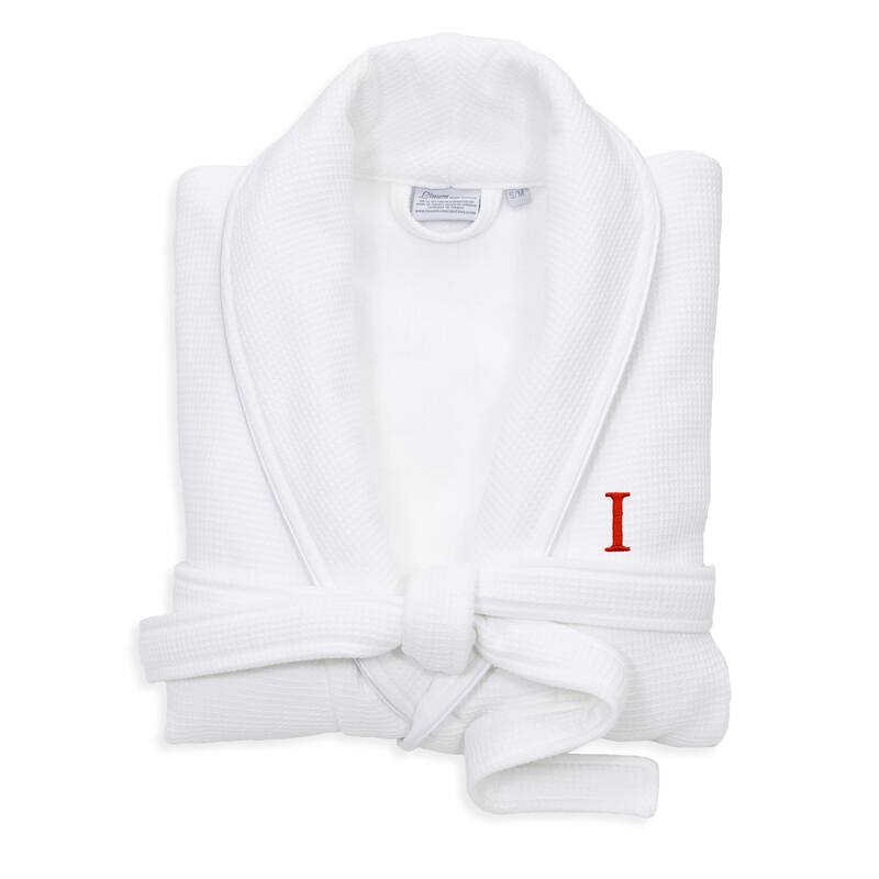 Authentic Hotel and Spa White Unisex Turkish Cotton Waffle Weave Terry Bath Robe with Red Block Monogram - S/M - I