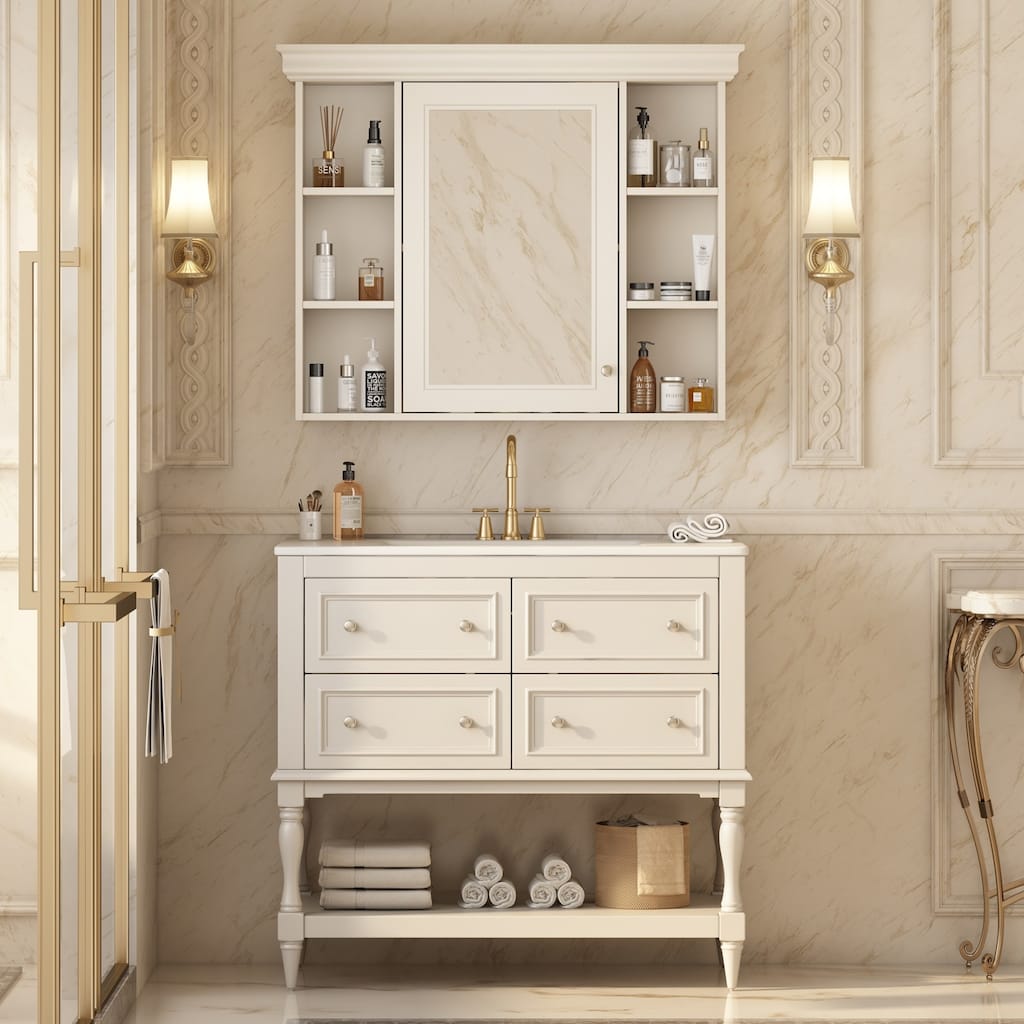 36'' Bathroom Vanity with Top Sink, Freestanding Vanity Set with Mirror Cabinet