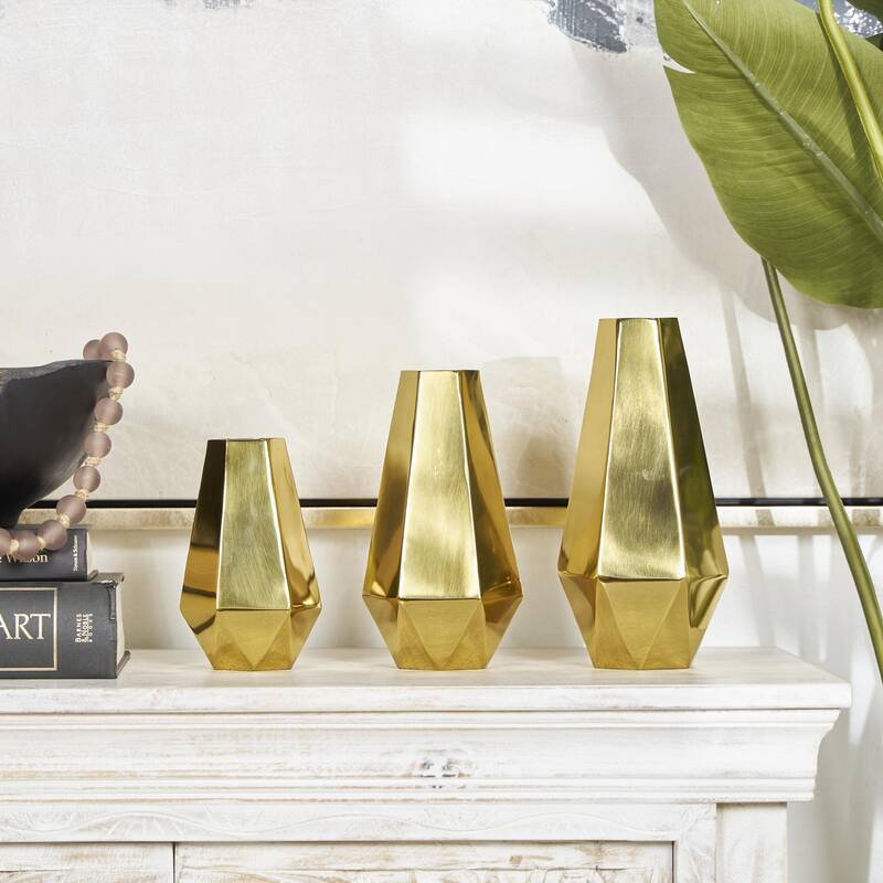 Stainless Steel Metal Geometric Hexagon Shaped Decorative Vase with Varying Heights - Set of 3 Gold - Roche River Decor