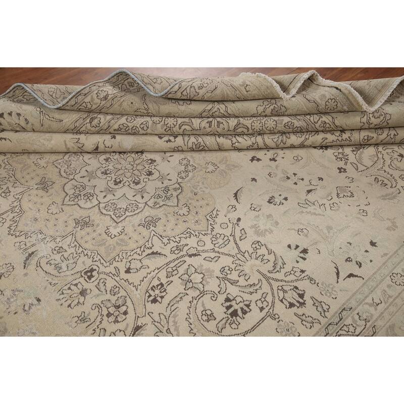 Hand Knotted Oriental 100% Wool Carpet Traditional Floral Beige & Ivories Tabriz Area Rug - 12' 8'' X 9' 9''