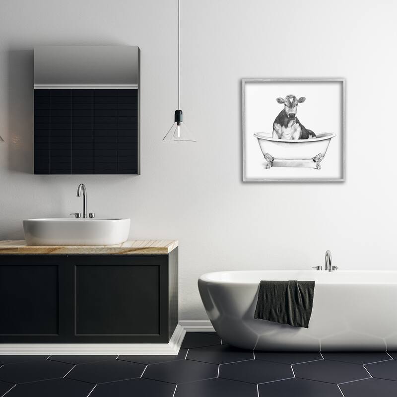 Stupell Cow in Claw Tub Minimal Farm Animal Sketch Framed Wall Art,12x12 - White