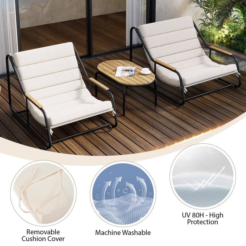 3-Piece Outdoor Chaise Lounge Chairs Set with Acacia Side Table Weather Resistant for Patio and Pool Relaxation