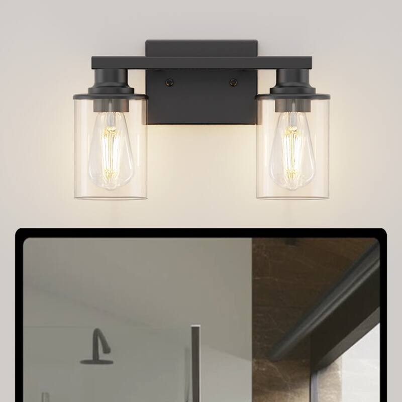 YANSUN Modern 2-Light Bathroom Vanity Light Matte Black Wall Light with E26 Base and Transparent Glass Shades - 14.6 * 10 * 7.5