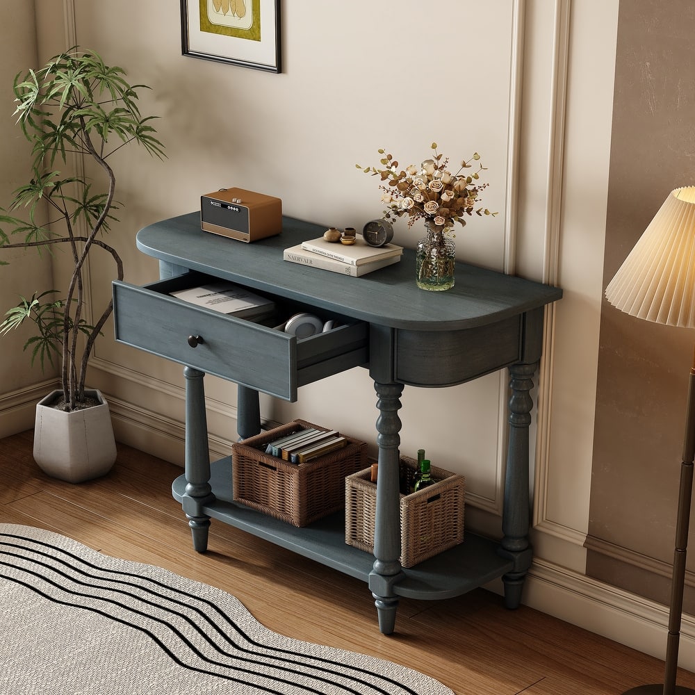 Retro Corner Curved Console Table with Top Drawer and Open Shelf