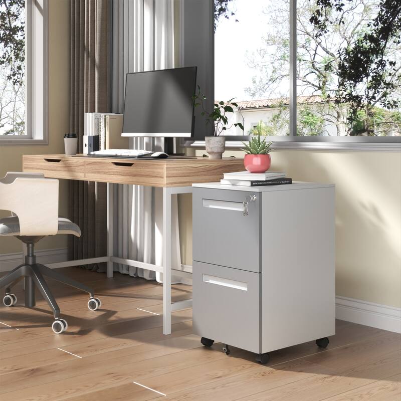 Modern Filing Cabinet 2-Drawer Mobile File Cabinet with Lock and 360° Swivel Wheels, for Office and Home Use, White