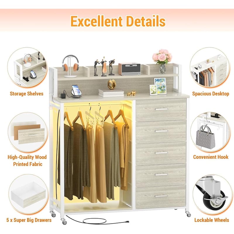 5 Drawers Dresser with Charging Station & LED Lights, Chest of Drawers with Hanging Rod ＆ Lockable Wheels ＆ Storage Shelves