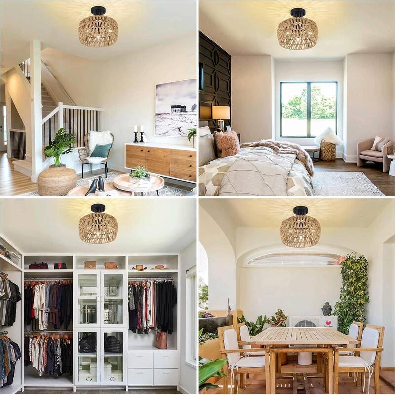 Boho Rattan Semi Flush Mount Ceiling Light - 3-Light, 360° Ample Light, E12 Socket
