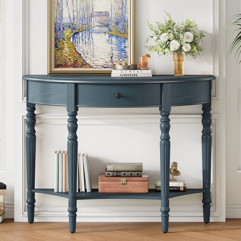 Farmhouse Half Moon Console Table with Drawer & Shelf - Rustic Accent Table