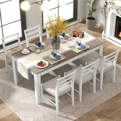 Brown+White 7-Piece Wooden Dining Table Set with 6 Chairs & Extendable Table