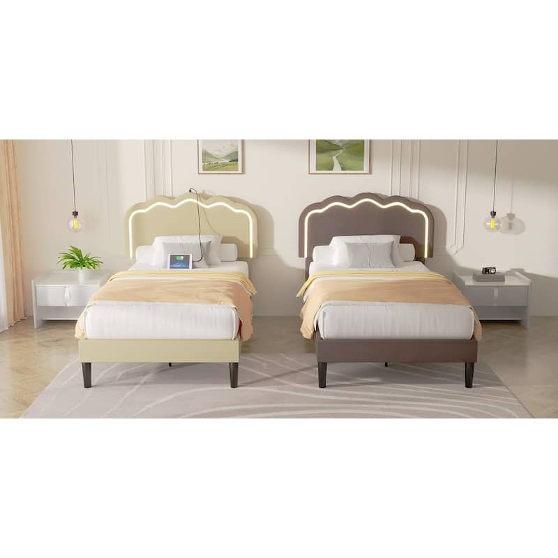 VECELO Upholstered Platform Kids Bed Frame with Headboard & LED Lights,Twin Size Bed Set of 2