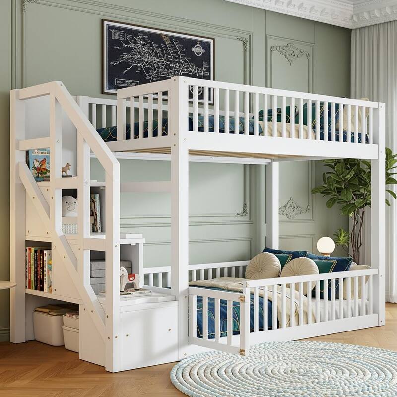 Twin Over Twin Wood Bunk Bed with Reversible Storage Stairs by Harper&Bright Designs. - White