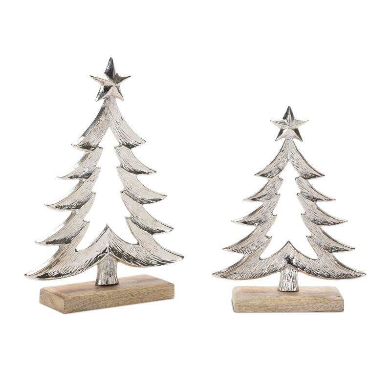 Metal Christmas Tree with Wood Base (Set of 2) - N/A