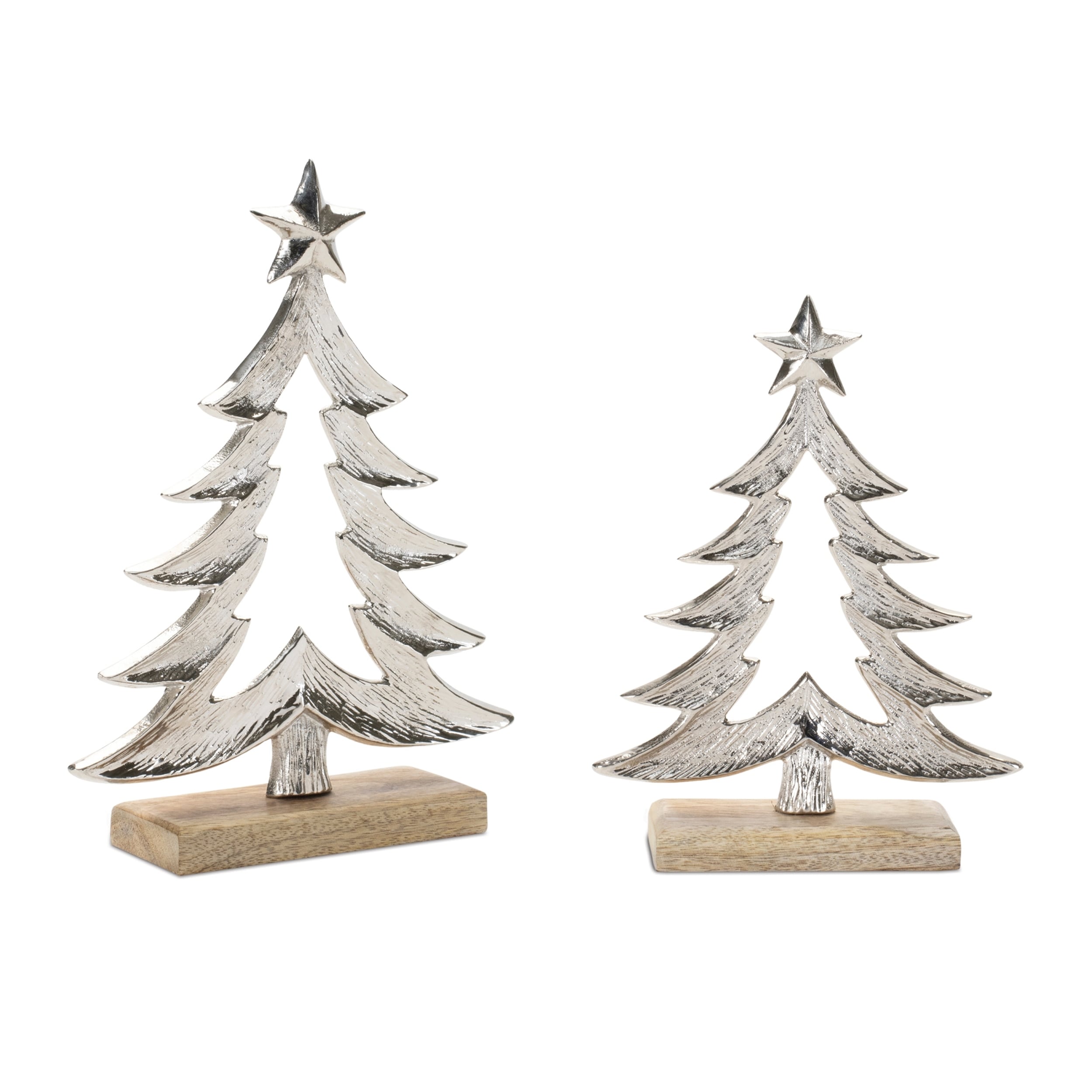 Metal Christmas Tree with Wood Base (Set of 2) - N/A