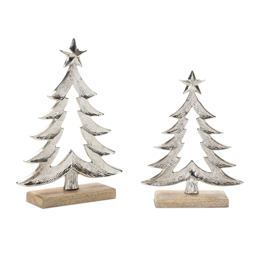 Metal Christmas Tree Set of 2 with Wood Base for Holiday Tabletop Decor - 6.5" x 2.25" x 8.25"