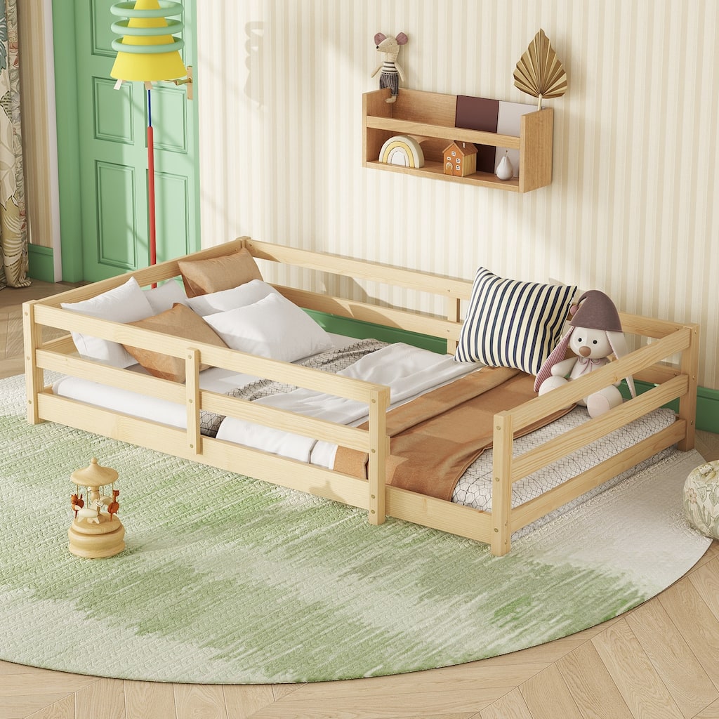 Anmytek Kids Montessori Bed Twin Size with Safety Rail Natural Wood Frame