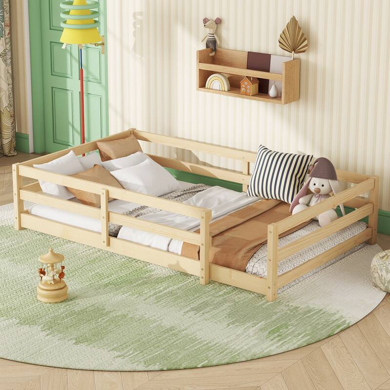 Twin/Full Montessori Floor Bed with Safety Fence - Wood Kids Floor Bed for Boys & Girls