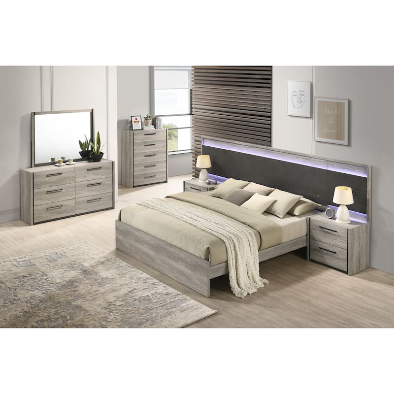 Roundhill Furniture Lenca LED Wallbed with Nightstands, Dresser, Mirror, and Chest - Weathered Gray - King
