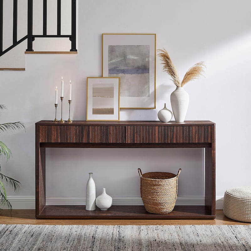 63" Modern Fluted 2 Drawers Entryway Table, Console Table, Sofa Table - Walnut