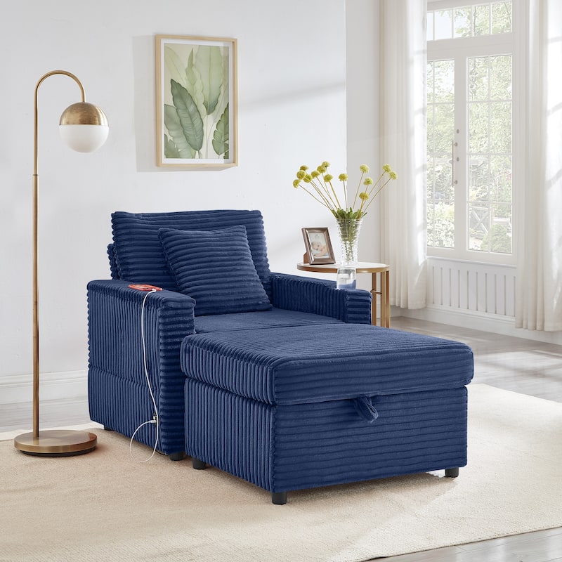 Fluffy Corduroy Lazy Sofa Chaise Lounge with Accent Chair, Storage Ottoman, Folding Table Board, Cup Holder and USB