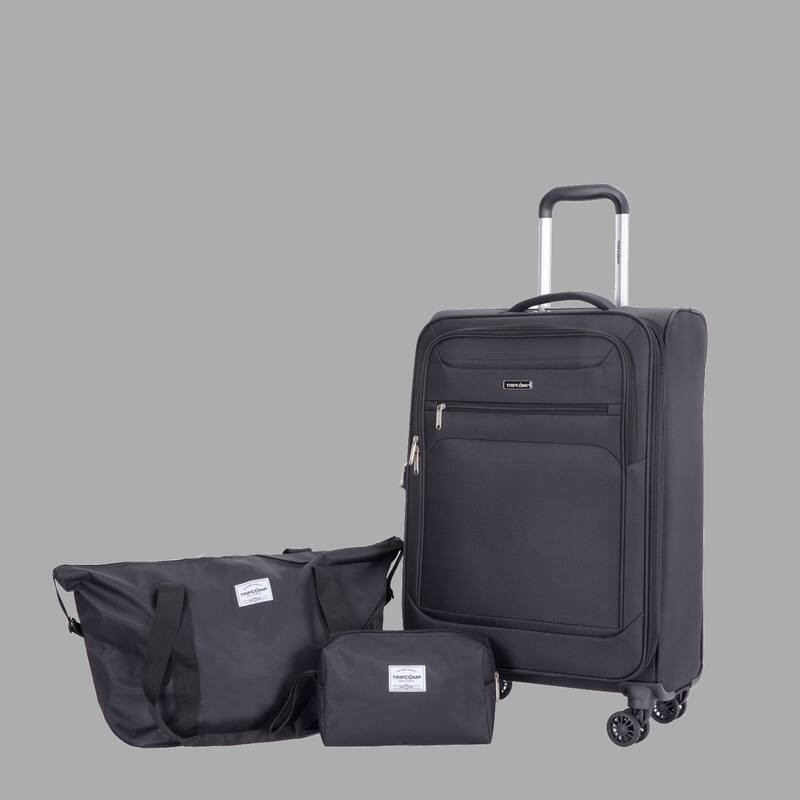 Durable 3-Piece Polyester Luggage Set (18" Carry-On, Travel Bag, Toiletry Bag) with 360° Spinner Wheels - Black