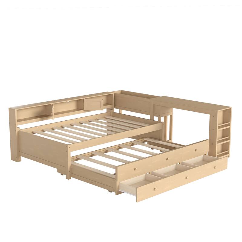 Full/Twin Daybed with Trundle & Storage Drawers - Wood Frame with Side Shelves and Desk