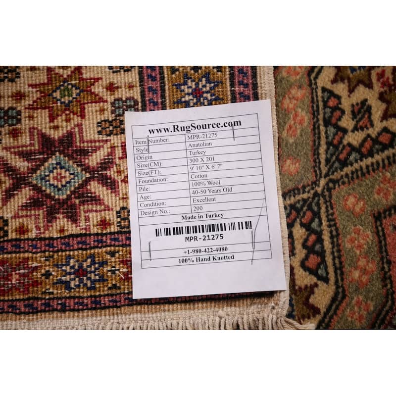 Geometric Anatolian Turkish Vintage Rug Handmade Beige Wool Carpet - 6'7" X 9'10"