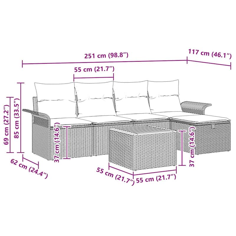 vidaXL 6 Garden Sofa Set with Cushions Black/Grey Poly Rattan - 98.8 x 46.1 x 27.2