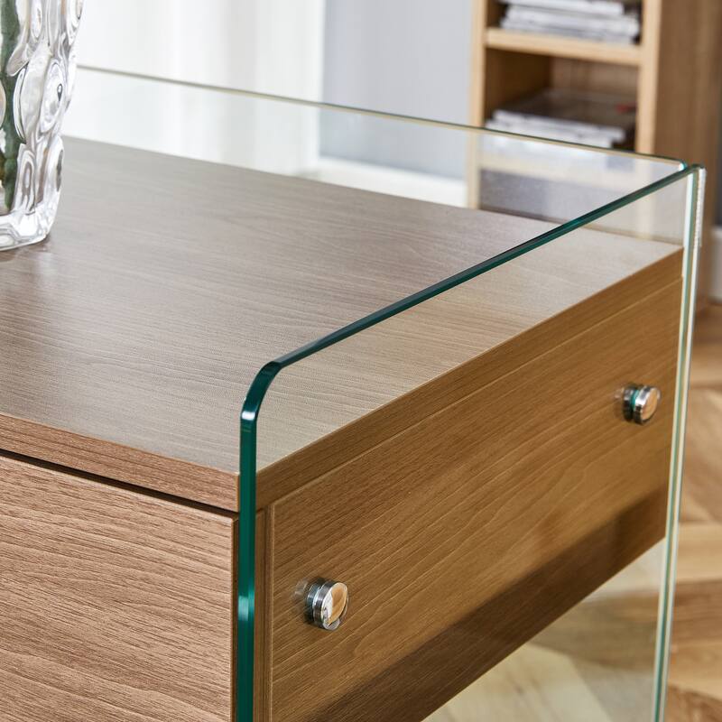 17.7" Modern Square Coffee Table with 1 Drawer and Tempered Glass Legs for Living Room