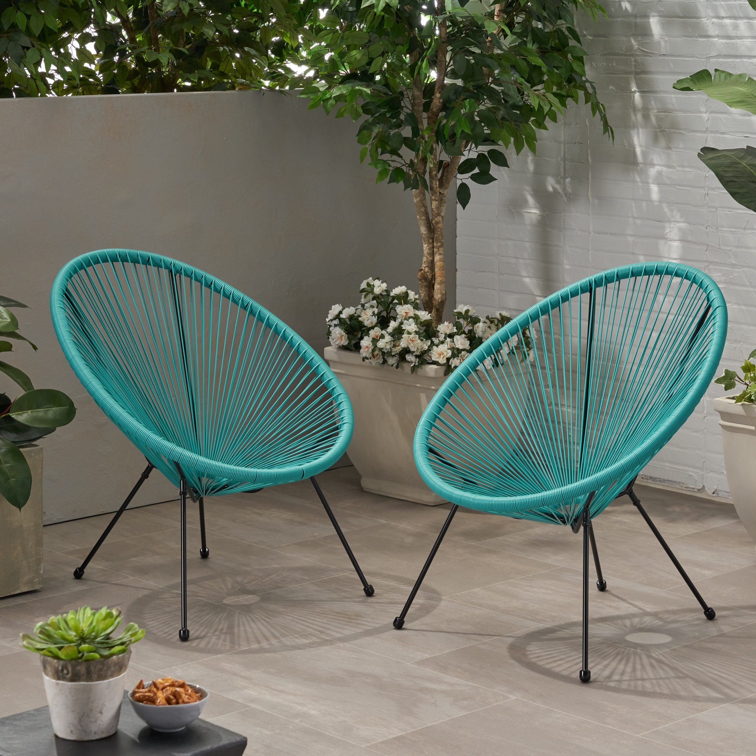 Anson Outdoor Steel Chairs w Hammock Rattan Seating Set of 2