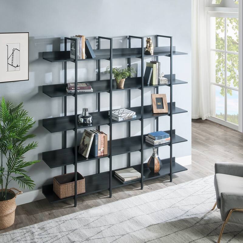 5 Tier Bookcase Home Office Open Bookshelf, Vintage Industrial Style Shelf with Metal Frame, MDF Board - Black