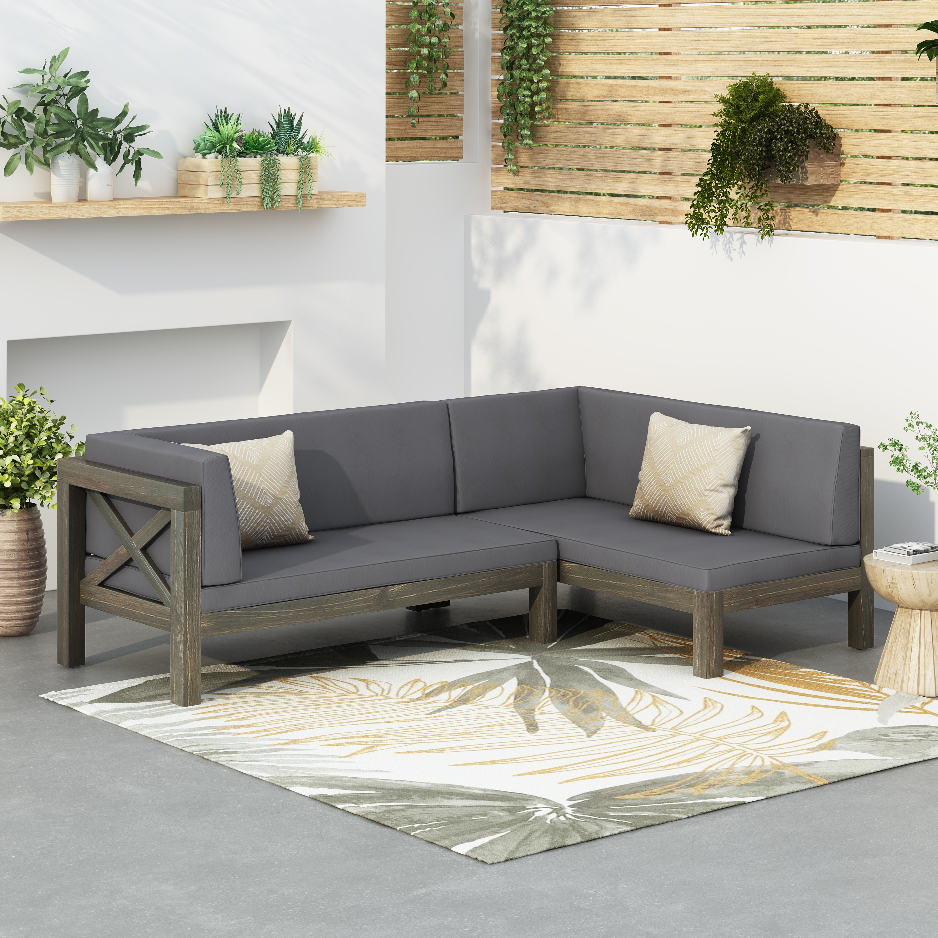 Brava Outdoor Acacia Wood X Back Patio Sectional Sofa by Christopher Knight Home