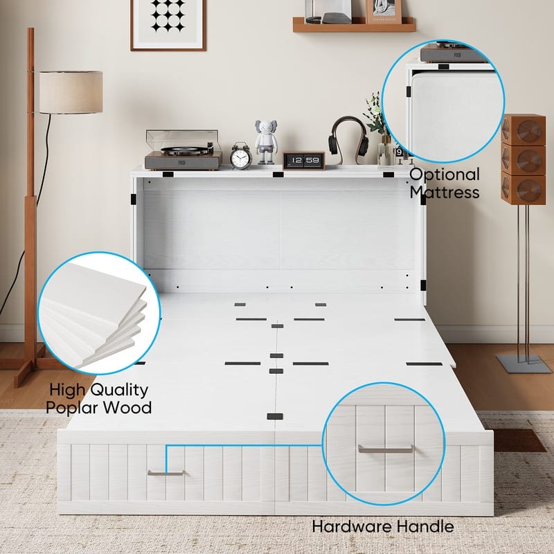 Mixoy Queen Modern Murphy Bed Cabinet with Charge Station,Mattress,Drawers