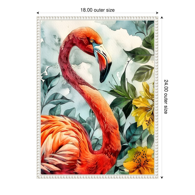 Flamingo in Flowers by Justyna Jaszke Framed Canvas Wall Art - 18 x 24 in