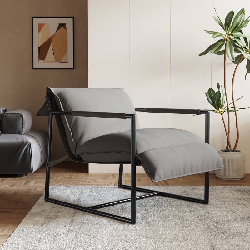 Mid-century Metal Sling Upholstered Armchair with Lengthen Upholstered