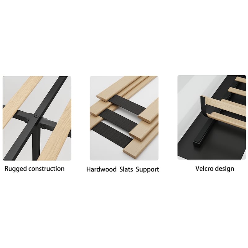 Queen Size LED Platform Bed with Charging Station and Wood Slats