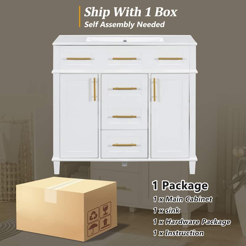 36" White Bathroom Vanity Cabinet with Ceramic Sink,Versatile Storage