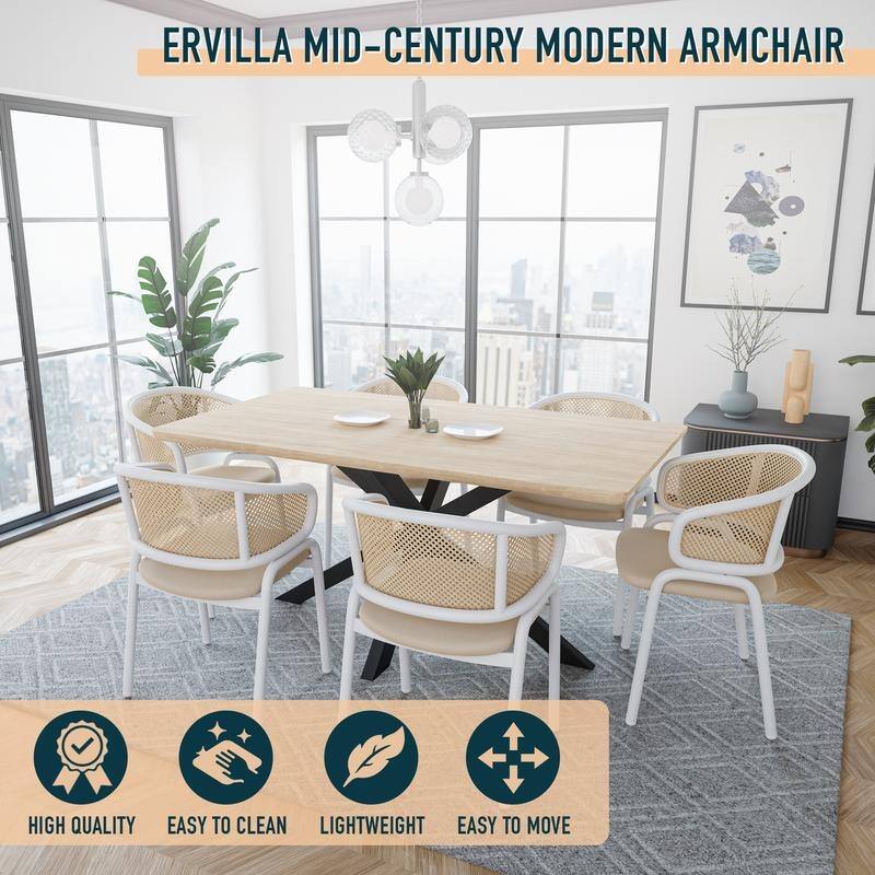 Euston Modern Mid-Century Leather Dining Chairs with Wicker Back in Steel Frame - Accent Armchair for Home Office & Kitchen