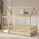 preview thumbnail 1 of 31, Twin Size Wooden Floor Bed with Roof Frame and Guardrails, Montessori Style Kids House Bed Natural