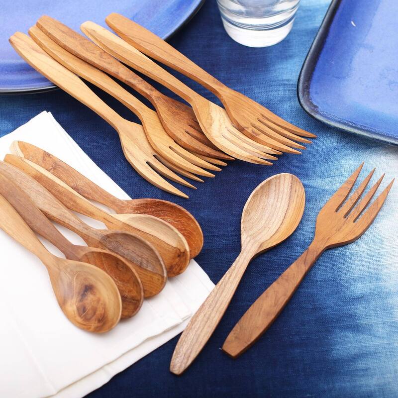 NOVICA Teakwood fork and spoon set, 'Delicious Meal' (12 piece)