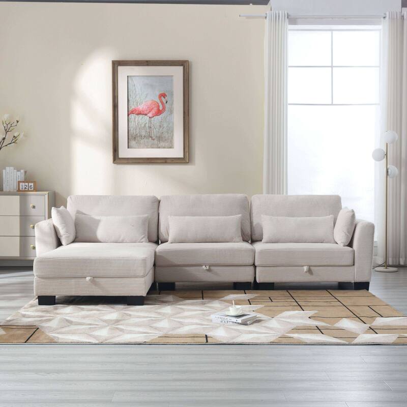 L-shaped casual combination sofa with rollover recliner and storage seat