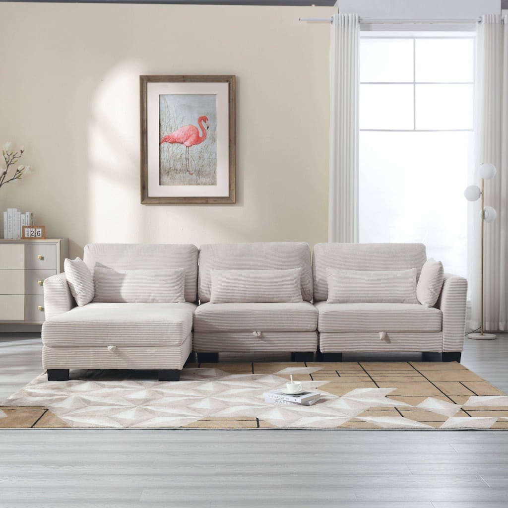 L-shaped casual combination sofa with rollover recliner and storage seat