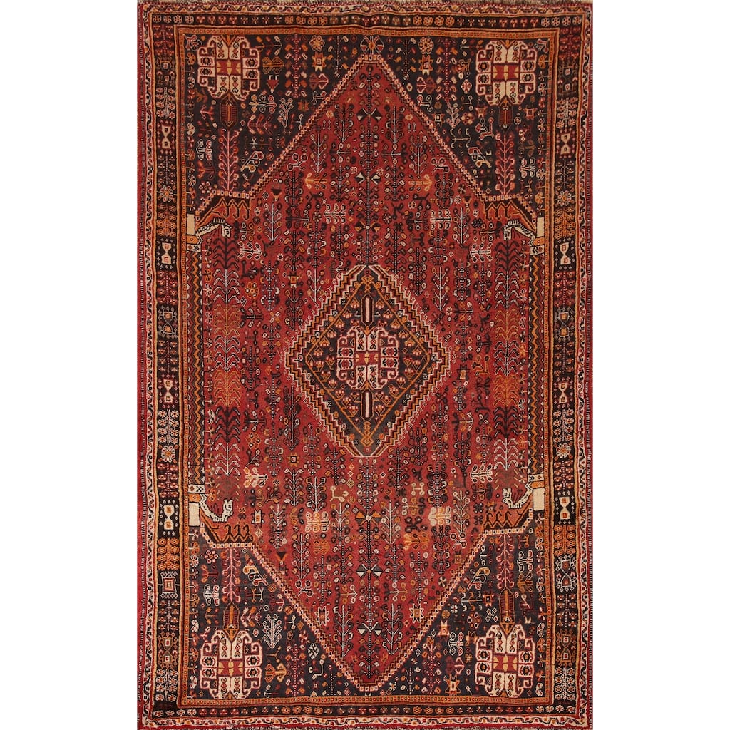 Traditional Shiraz Persian Vintage Area Rug Hand-Knotted Wool Carpet - 5'0"x 8'2"