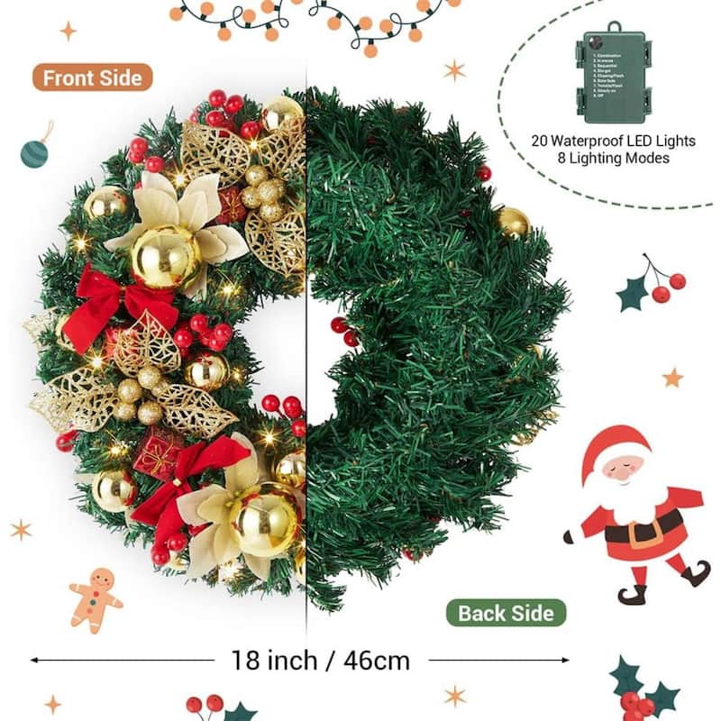 18 inch Pre-Lighted Red Bow Christmas Wreath for Front Door, Windows, Wall - N/A