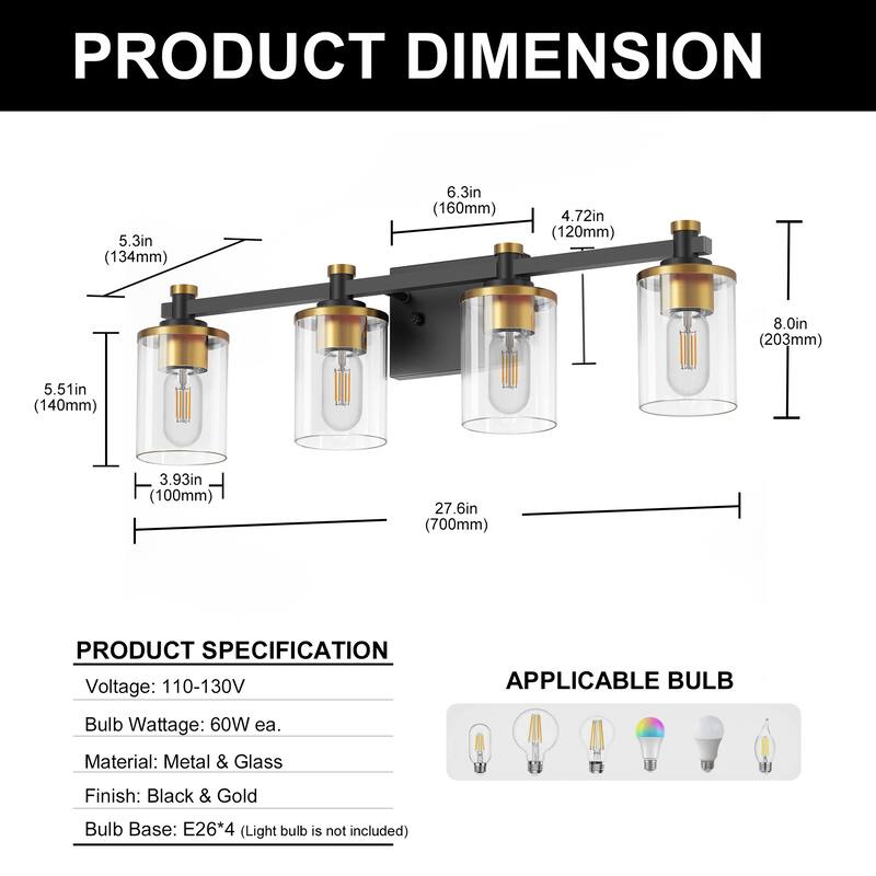YANSUN 27.6 in. 4-Light Black and Gold Vanity Lighting with Round Transparent Glass Shades for Modern Spaces